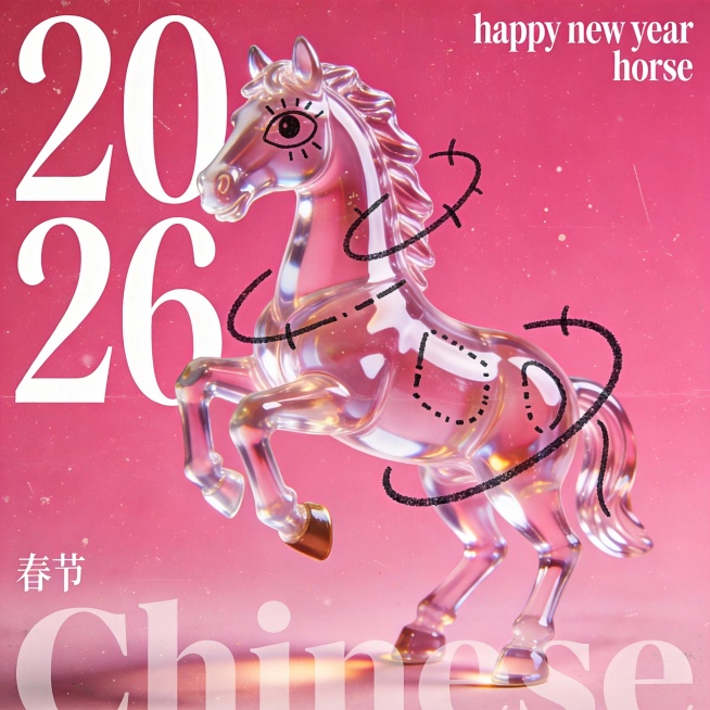 画面左侧垂直排列着巨大的白色衬线字体年份“20”（第一行）与“26”（第二行），字形优雅且具有高对比度的粗细笔画，占据了左半幅版面。画面右上角“happy new year”与“horse”。左下角有预览效果