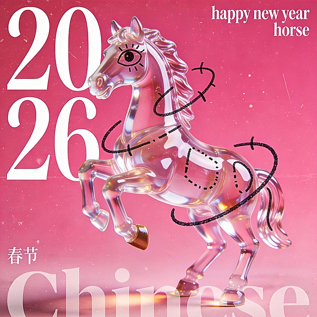 画面左侧垂直排列着巨大的白色衬线字体年份“20”（第一行）与“26”（第二行），字形优雅且具有高对比度的粗细笔画，占据了左半幅版面。画面右上角“happy new year”与“horse”。左下角有微缩的白色文字“春节”。底部横向截断式排版着被遮挡的半透明白色无衬线大写单词，依稀可辨认出“Chinese”字样。
画面视觉中心是一只正在前蹄腾空跃起的3D马模型，材质表现为通透感极强的淡粉色琉璃或高光树脂，表面光滑如镜，呈现出果冻般的半透明质感与复杂的环境光折射。在精致的3D模型之上，覆盖着一层极具反差感的黑色手绘涂鸦线条（像贴在整个画面上悬浮的图片，而不是在模型上绘画），仿佛是用粗糙的炭笔或儿童蜡笔直接在画面上勾勒出了马的轮廓以及简笔画风格的眼睛，线条断续且带有颗粒感，形成了“高精建模”与“低幼涂鸦”的趣味冲突。
背景采用带有强烈胶片噪点与灰尘划痕的单色粉色底色，模拟了复古杂志扫描件或做旧海报的粗糙纸张纹理。整体风格融合了Y2K千禧年美学、蒸汽波与现代3D波普艺术，暖色调氛围浓郁，光影聚焦在马的透光材质上，8K超高分辨率。