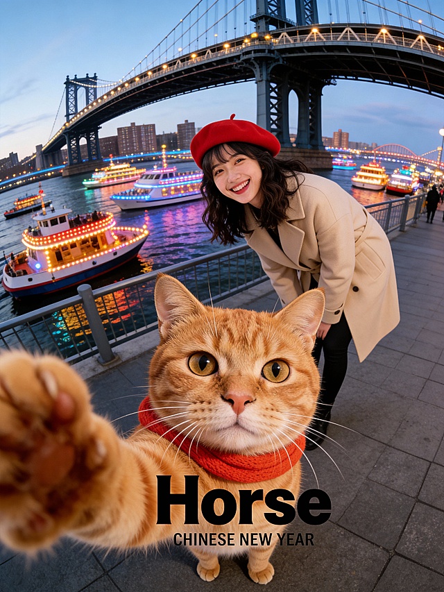画面底部正中央排版着黑色的粗体小写英文单词“Horse”，字体风格复古且具有设计感，其上方紧随极其微小的无衬线英文“CHINESE NEW YEAR”。画面采用极具冲击力的超广角鱼眼镜头“自拍”视角。前景占据视觉主导的是一只巨大的猫大头特写（猫为图1的猫），它的一只毛茸茸的前爪夸张地伸向镜头边缘，呈现出强烈的透视变形感。猫咪双眼圆睁，瞳孔呈清澈状，直视镜头，面部毛发丝丝分明，胡须挺翘，带橙红围脖，展现出极度逼真的宠物摄影质感，像以猫咪自拍角度进行拍摄。背景中清晰可见一位亚洲女性（图2的人），身穿一件米色大衣，黑色紧身裤，头戴红色贝雷帽，她正弯腰对着镜头，面部表情微笑，与前景淡定的真猫形成极具幽默感的互动反差。背景环境是大桥上，旁边有许多闪着彩灯的游船。整体光影为自然日光，色彩鲜艳，兼具时尚杂志大片与趣味网络迷因（Meme）的视觉风格，8K超高清画质，极致的清晰。