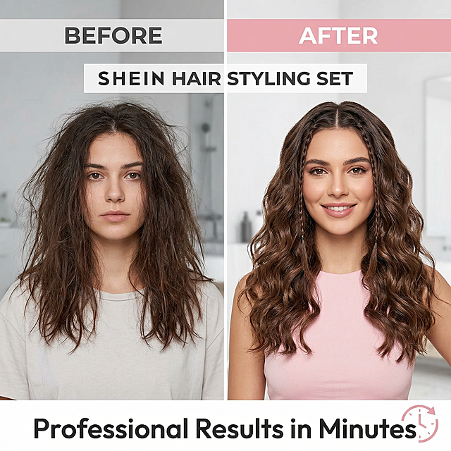 Comparison image for Shein: Split screen showing before and after using the hair styling set - left side shows messy, unkempt hair, right side shows perfectly styled waves and braids created with the pink tool set. Clear visual contrast, clean design. English text: "Professional Results in Minutes", consistent font style.