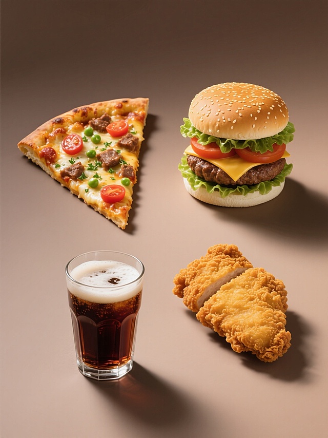 超写实主义美食摄影风格，纯色背景，整体色彩变换，画面中四个完全不同的元素规整排布：左侧是一块切片披萨，金黄酥脆的饼边，表面覆盖融化的奶酪、红色番茄块、绿色豌豆和棕色肉块，撒有绿色香草碎；右侧上方是一个双层汉堡，顶部是金黄色的芝麻面包，中间夹着生菜、番茄片、芝士片和肉饼，底部是白色面包底；右侧下方是一块炸鸡排，外皮金黄酥脆，呈不规则块状；下方是一杯可乐，透明玻璃杯装着深棕色液体，顶部有白色泡沫。所有元素保持超写实的质感表现，光线从上方45度角照射，形成自然的高光和阴影，突出食物的立体感和诱人光泽，整体构图平衡对称，色彩鲜艳和谐。