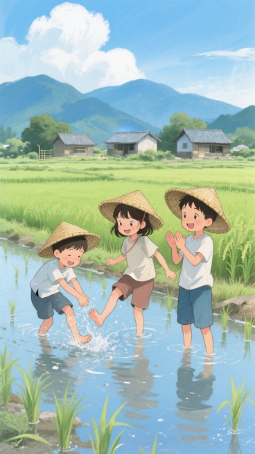 日式动漫风格田园插画，3个8岁小孩，左侧男孩弯腰泼水，中间女孩赤脚踢出水花，右侧男孩手鼓掌。佩戴竹编斗笠，穿着短袖和五分裤，在浅水田间嬉戏。背景为嫩绿色稻苗田，远处有三座民居，蓝色山脉和云预览效果