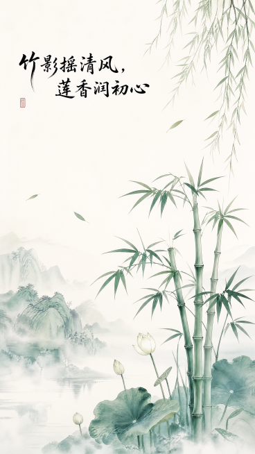 新中式廉洁主题海报，竖版构图，淡雅青绿色水墨风格。画面中央一丛挺拔的翠竹，竹叶修长飘逸，竹节分明；旁边点缀几多含苞待放的白色莲花，清新脱俗。背景大面积留白，右上角有垂落的柳枝，几片竹叶随风飘落。画面左预览效果