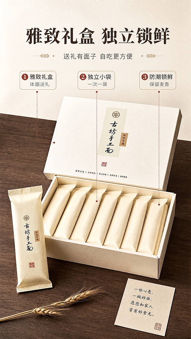 [商品] 使用【图1】古坊手工面米白色礼盒；保留礼盒结构、颜色、标签文字、印章全部原貌；本张展示礼盒开合状态——盒盖掀开45度靠在盒身后侧，盒内整齐摆放独立小包装面袋（米黄色纸袋，简约封口），内袋约6-8包整齐排列；礼盒做轻微俯视角度，质感细腻。
[画面] 目标：展示礼盒包装细节与内袋，突出送礼体面与独立包装的锁鲜便利。构图：中心偏上俯视角度，开合礼盒占画面约60%；礼盒左侧放一个单独取出的内袋立起展示；右侧放一张手写体小卡片；桌面为深胡桃木，配一支干麦穗点缀；阅读动线从礼盒中心向两侧细节；柔和顶光。
[视觉] 套系策略：风格=东方雅致新中式粮油食品商业摄影；标题字=宋体粗体（思源宋体 Heavy）；正文字=简洁无衬线体（思源黑体 Regular）；主色=米白杏色；背景延展=基于米白杏做深浅层级、同色渐变和细腻宣纸/原木纹理质感；强调色=赭石红，仅用于小面积图标、引线、标签和印章点缀；标题色=深炭褐；正文色=中暖灰；组件=细线圆角信息卡、细引线、麦穗小图标；光影=顶侧柔光，突出礼盒开合层次。
[文字] 顶部居中主标题「雅致礼盒 独立锁鲜」，副标题「送礼有面子 自吃更方便」；下方3个包装卖点横排引线标注：「① 雅致礼盒 体面送礼 ② 独立小袋 一次一袋 ③ 防潮锁鲜 保留麦香」；引线分别指向礼盒外观、内袋、封口处；所有文字横向排版。
[规格] 淘宝/天猫详情页单屏9:16竖版，4K分辨率，负向：避免内袋出现虚构品牌名、礼盒结构变形、文字竖排、绝对化用语。