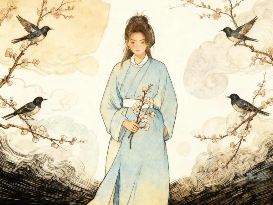 简化画面中所有复杂的线条，让整体线条更加简约好画，保留原有内容：一位穿着浅蓝色汉服的古风女子手持梅花花枝，周围花枝上有燕子，背景是简约的云纹和水纹预览效果