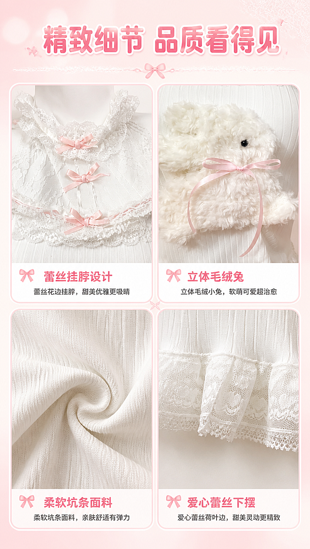 [商品] 使用【图1】白色蕾丝挂脖毛绒兔子长袖上衣；商品处理：保留挂脖蕾丝领口、粉色蝴蝶结、胸前立体毛绒兔子、坑条针织面料、下摆爱心蕾丝荷叶边、长袖版型和白色主色；增强各部位细节质感，不改变版型和结构。
[画面] 目标：工艺细节页，2×2宫格展示四大细节；构图：四宫格布局，左上=蕾丝挂脖领口特写，右上=毛绒兔子+蝴蝶结特写，左下=坑条面料纹理微距，右下=下摆爱心蕾丝荷叶边特写；每格配小标题；背景为奶白色+粉色细边框分隔；阅读动线从顶部标题到四宫格依次阅读。
[视觉] 套系策略：风格=甜美少女风商业摄影；标题字=圆润可爱粗体字带粉色渐变；正文字=简洁圆润无衬线体；主色=柔粉色+奶白色；背景延展=基于粉白做渐变晕染、蕾丝纹理和柔焦光斑；强调色=蜜桃粉，仅用于小面积图标、引线和标签；标题色=蜜桃粉渐变；正文色=深粉灰；组件=圆角白色信息卡、粉色细丝带引线、蝴蝶结装饰元素；光影=前侧柔光灯效，暖粉色调，软萌氛围感。
[文字] 顶部主标题「精致细节 品质看得见」，四宫格每格小标题：蕾丝挂脖设计、立体毛绒兔、柔软坑条面料、爱心蕾丝下摆；每个小标题配1句短说明；文字横排，清晰可读。
[规格] 图片比例9:16竖版，4K分辨率，拼多多风格，避免变形、错字、文字过小、冷蓝背景、衣服颜色改变、面料失真。