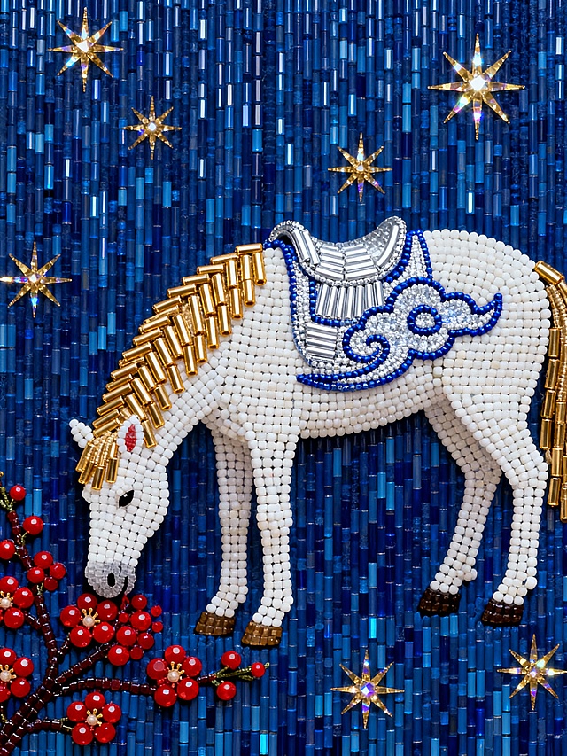 主体是一匹巨大的、气质清雅的 白色骏马。马身雪白，鬃毛呈淡金色，马鞍为银白与蓝色云纹刺绣。马低头轻嗅一朵红色梅花。背景为深蓝夜空与金色星光，整体喜庆。