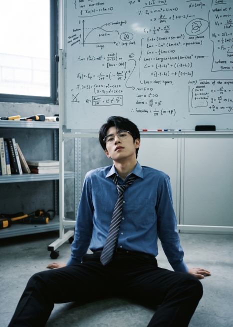 超写实人像摄影，冷调室内场景，东亚少年，清爽短发，戴细框眼镜，穿蓝色正装衬衫+条纹领带+黑色西裤，坐在灰色地面上，双手撑地，双腿打开，头后仰，背景是写满涂鸦和公式的白板、金属置物架，整体偏冷灰调，胶片预览效果