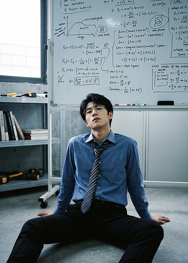 超写实人像摄影，冷调室内场景，东亚少年，清爽短发，戴细框眼镜，穿蓝色正装衬衫+条纹领带+黑色西裤，坐在灰色地面上，双手撑地，双腿打开，头后仰，背景是写满涂鸦和公式的白板、金属置物架，整体偏冷灰调，胶片颗粒质感，松弛慵懒的少年感，画面干净无水印，真实生活感