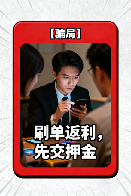 反诈游戏攻击卡正面，红色矩形边框，边框内搭配刷单诈骗相关场景图片，顶部文本框写“【骗局】”，主文本框写“刷单返利，先交押金”，统一使用黑体字体，白色文字居中对齐预览效果