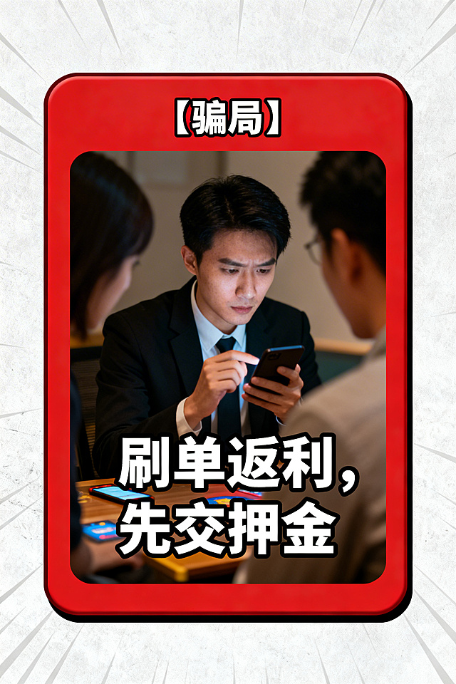 反诈游戏攻击卡正面，红色矩形边框，边框内搭配刷单诈骗相关场景图片，顶部文本框写“【骗局】”，主文本框写“刷单返利，先交押金”，统一使用黑体字体，白色文字居中对齐