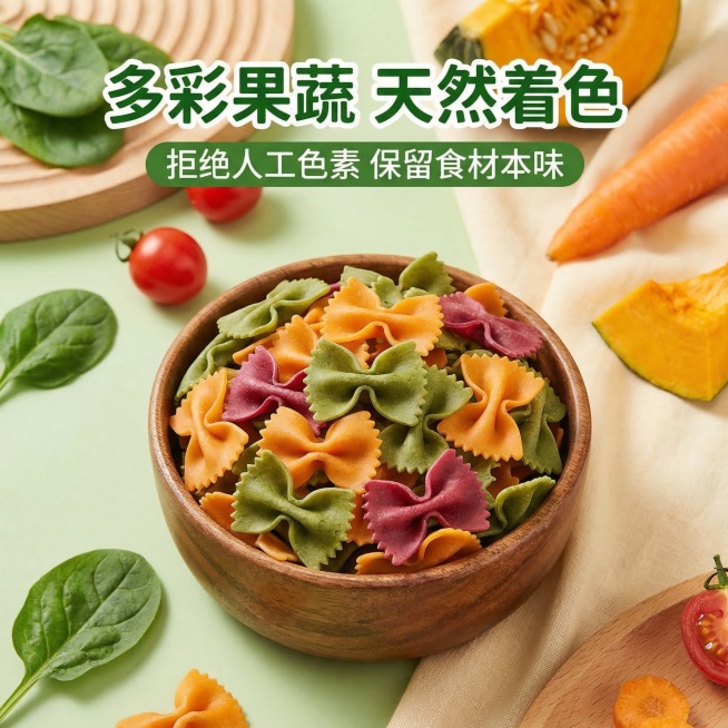 电商商品主图第二张，儿童蝴蝶面产品细节特写，展示多彩蝴蝶面颗粒，突出果蔬天然彩色，细腻口感，温馨清新母婴风格，绿色暖色调背景，搭配新鲜果蔬点缀，主标题"多彩果蔬 天然着色"，副标题"拒绝人工色素 保留预览效果