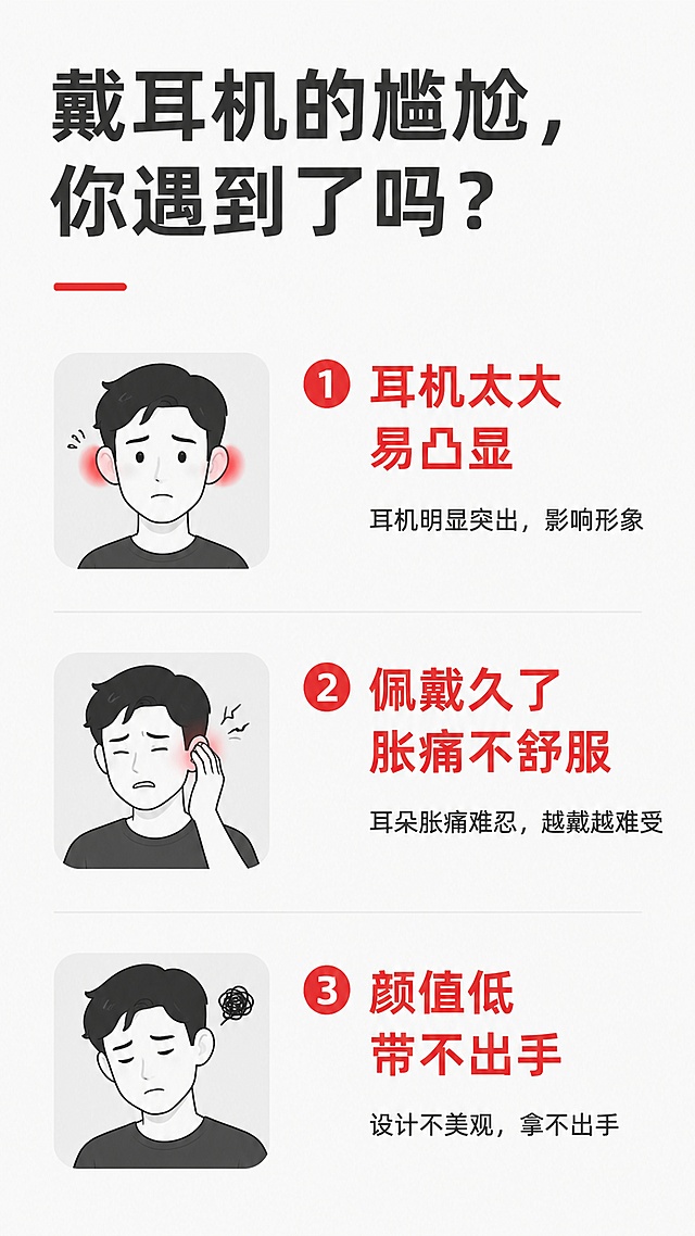[第2屏] 痛点直击，分析传统蓝牙耳机的常见使用问题。无需展示产品图。[氛围/风格] 简洁说理风格，浅灰底色搭配深色文字，专业清晰。[元素布局] 页面从上到下排列三个痛点模块：1 耳机太大易凸显、佩戴不隐形；2 佩戴久了胀痛不舒服；3 颜值低带不出手。每个痛点配简洁简约负面情绪小人图标，痛点标题加粗红字高亮，配一句话说明。[光影质感] 均匀平光，文字清晰无遮挡。[配色色系] 全局底色 #F8F8F8；主色深灰文字；辅助色浅红高亮。[视角构图] 从上至下通栏排版，清晰有序。[文字版式] 顶部大标题「戴耳机的尴尬，你遇到了吗？」，三个痛点分块排列，每行痛点不超过12字，文字清晰可辨，不拥挤。[比例分辨率] 9:16竖版比例，4K分辨率，高清画质。[负向提示词] 文字错乱，文字过小，颜色刺眼，水印