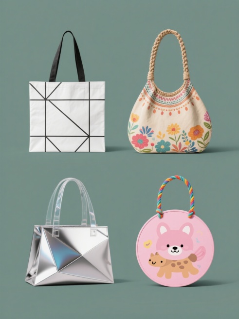 四个不同风格的手提袋设计集合，每个手提袋都有独特的造型和色彩，在纯色背景上整齐排列。第一个手提袋采用简约现代风格，白色背景，黑色线条勾勒出几何图案，造型方正，配有细长的黑色提手。第二个手提袋是复古波西米亚风格，米色背景，印有彩色花卉图案，造型圆润，提手为编织材质。第三个手提袋是未来科技风格，银色背景，带有金属光泽的几何切割造型，提手为透明材质。第四个手提袋是可爱卡通风格，粉色背景，印有卡通动物……预览效果