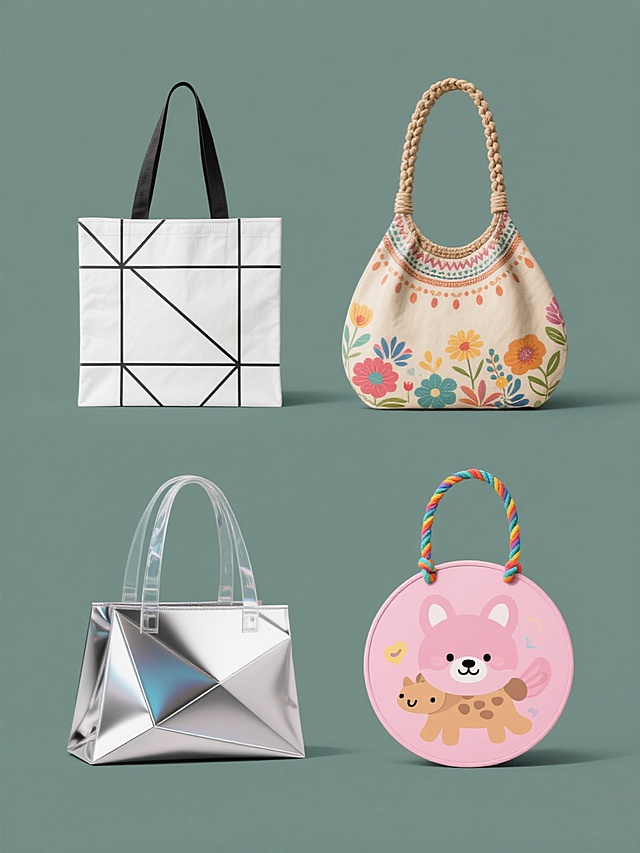 四个不同风格的手提袋设计集合，每个手提袋都有独特的造型和色彩，在纯色背景上整齐排列。第一个手提袋采用简约现代风格，白色背景，黑色线条勾勒出几何图案，造型方正，配有细长的黑色提手。第二个手提袋是复古波西米亚风格，米色背景，印有彩色花卉图案，造型圆润，提手为编织材质。第三个手提袋是未来科技风格，银色背景，带有金属光泽的几何切割造型，提手为透明材质。第四个手提袋是可爱卡通风格，粉色背景，印有卡通动物图案，造型为圆形，提手为彩色绳结。所有手提袋都保持了手提袋的基本结构，包括袋身和提手，但在造型、色彩和图案上各有特色，整体呈现出多样化的设计风格。