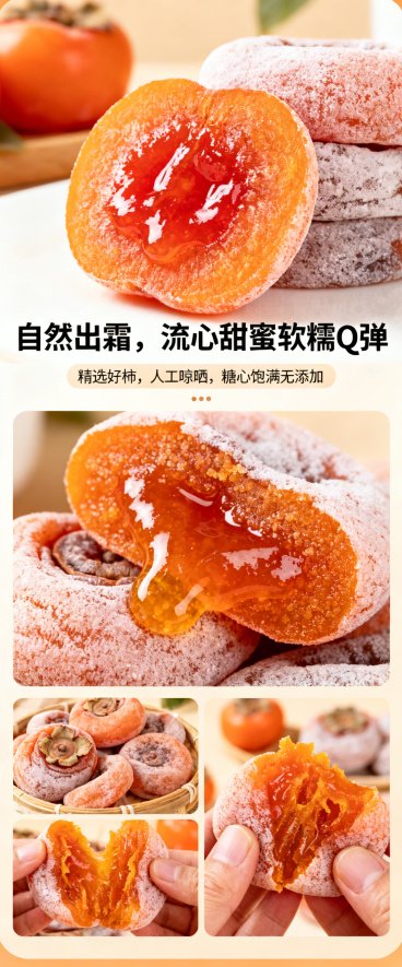 生成流心柿饼零食电商详情页，总高度小于2000px。首屏放带糖霜流心柿饼高清图，核心卖点写"自然出霜，流心甜蜜软糯Q弹"，产品优势写"精选好柿，人工晾晒，糖心饱满无添加"，细节展示糖霜质感和流心切面，预览效果