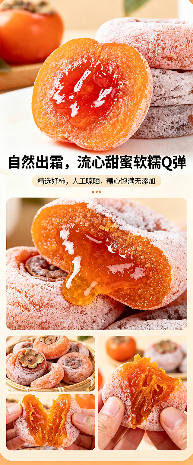 生成流心柿饼零食电商详情页，总高度小于2000px。首屏放带糖霜流心柿饼高清图，核心卖点写"自然出霜，流心甜蜜软糯Q弹"，产品优势写"精选好柿，人工晾晒，糖心饱满无添加"，细节展示糖霜质感和流心切面，最后放实拍图，风格甜美诱人，文案清晰无错别字，文案通顺。