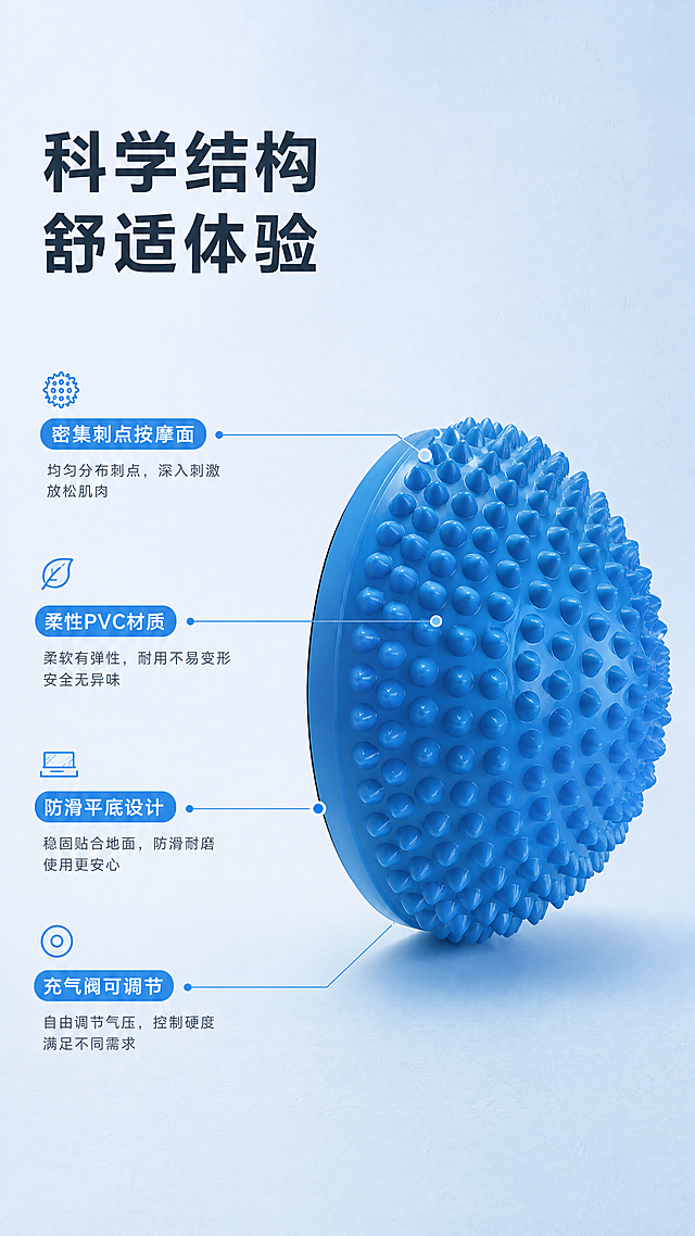 [商品] 使用【图4】蓝色榴莲球侧面角度图；保留半球形刺点按摩面、底部平整圆盘边缘、蓝色PVC材质、刺点排列结构；产品不变形，去除原木地板背景。
[画面] 第3张·结构解析，引线标注型。产品占画面55%，居中偏右放置，侧面45度角展示榴莲球完整结构；从产品关键部位引出4条细线到左侧信息区，分别标注不同结构部位；左侧留白放标题和结构说明。
[视觉] 套系策略：风格=极简大品牌质感商业摄影；标题字=现代无衬线粗黑体；正文字=简洁无衬线体；主色=纯净浅蓝（接近白色的淡天蓝）；背景延展=基于纯净浅蓝做左右微渐变、同色深浅层级，细腻哑光纸面质感；强调色=深天蓝，仅用于引线端点、小图标和标签；标题色=深炭灰蓝；正文色=中灰蓝；组件=极细引线、圆点端点、圆角小标签；光影=左前侧柔和漫射光，产品刺点有清晰高光和阴影，增强立体感。
[文字] 左上主标题"科学结构 舒适体验"；4条引线分别标注："密集刺点按摩面""柔性PVC材质""防滑平底设计""充气阀可调节"；每条配1句短说明；文字全部横排，不遮挡产品主体。
[规格] 图片比例9:16竖版，4K，负向提示：避免产品变形、拉长压扁、刺点缺失、颜色改变、木纹背景、文字竖排、文字过小、营销活动元素、税务相关内容。