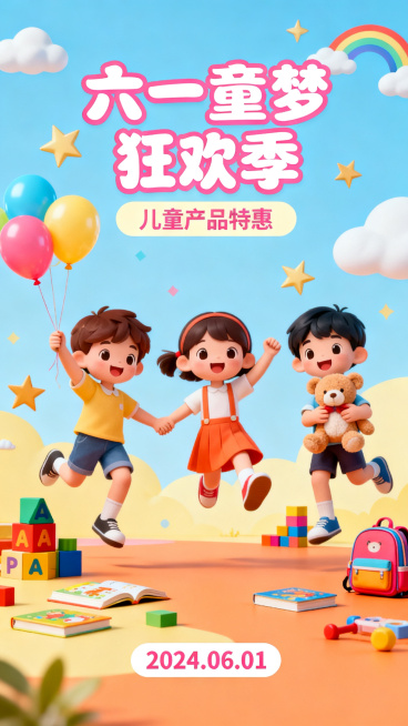61儿童节海报，主题：儿童产品。要求一张横版一张竖版预览效果