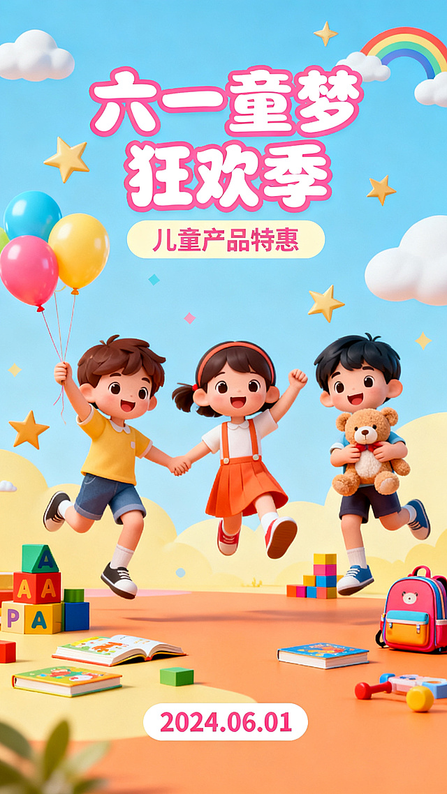 61儿童节海报，主题：儿童产品。要求一张横版一张竖版