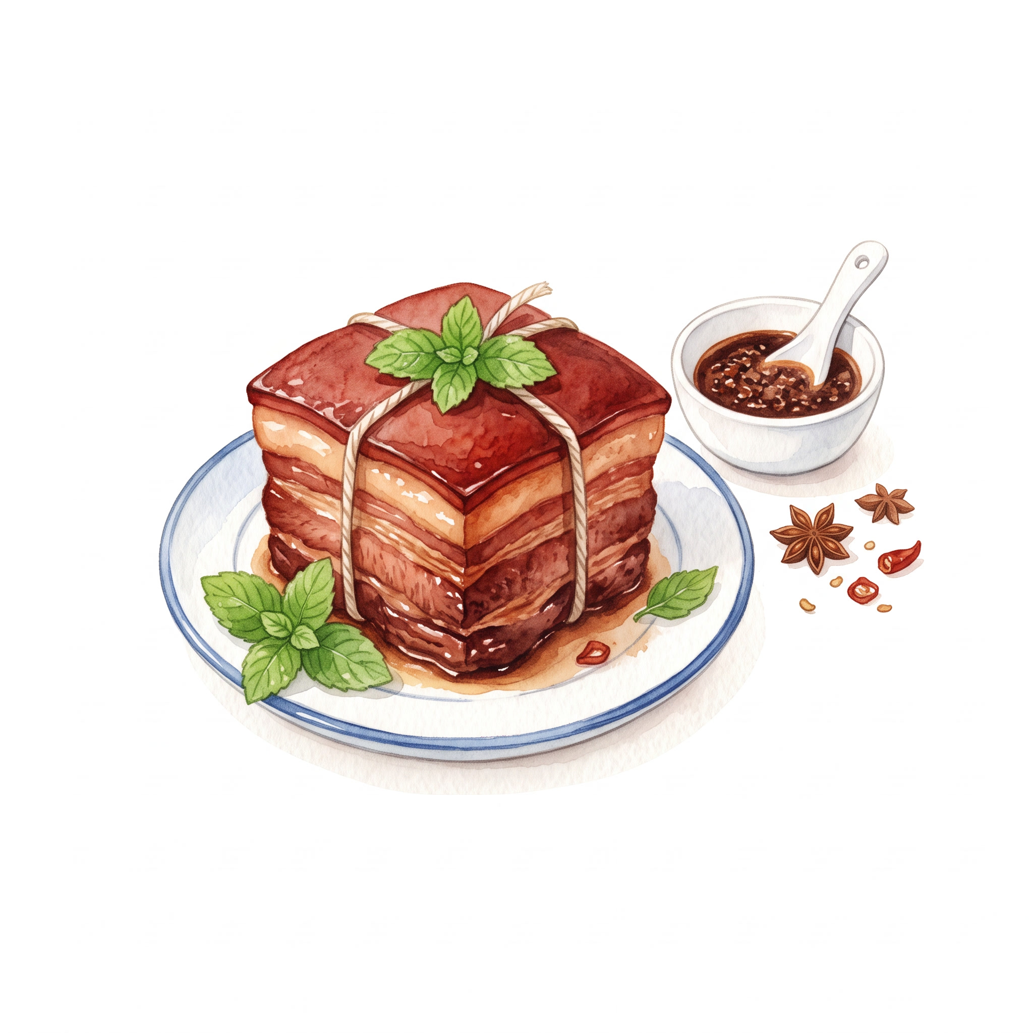 色明亮，参考细腻的画风，水彩手绘，清新肌理质感，东坡肉，方块红… - 图片创意预览