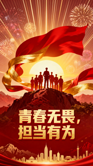 五四青年节庆典海报，主题为“青春无畏，担当有为”。画面中心是多名青年的人物剪影，站在高处迎着朝阳，身后是巨大的、迎风飘扬的红色旗帜与金色飘带交织。背景是万丈光芒的放射状线条和绚烂的烟花。色彩以正红色和预览效果