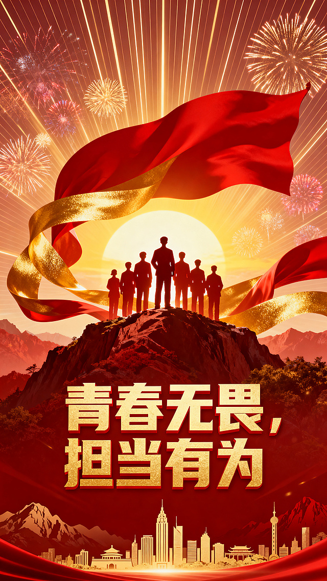 五四青年节庆典海报，主题为“青春无畏，担当有为”。画面中心是多名青年的人物剪影，站在高处迎着朝阳，身后是巨大的、迎风飘扬的红色旗帜与金色飘带交织。背景是万丈光芒的放射状线条和绚烂的烟花。色彩以正红色和璀璨金色为主，辅以暖黄色光晕。画面下方是宏伟的城市轮廓或山脉剪影，构图具有向上的动势，视觉冲击力强，设计手法直白且富有感染力，充满节日庆典的庄重与热血氛围，突出“担当有为”的使命感，适合政务宣传或主视觉海报。