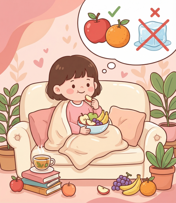女生经期健康科普，谣言辟谣：经期可以适量吃常温温性水果，补充维生素，保持参考图的卡通可爱手绘插画风格，温暖柔和色调，丰富背景，无文字，科普插图预览效果
