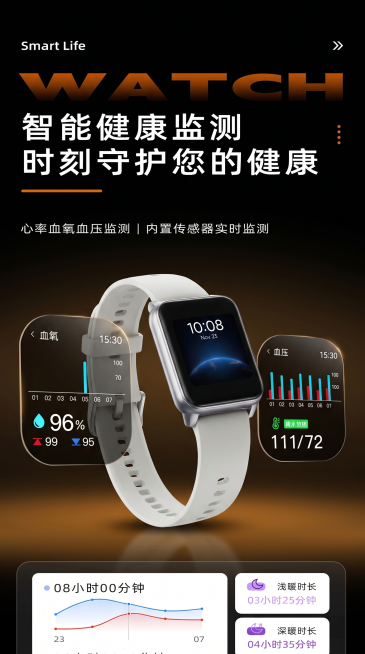 保持原有所有文字、排版和背景不变，将图中橙色表带的手表替换为图1的白色表带智能手表，手表摆放角度参考图中原有手表的角度，手表保持原图样式不做改变，合成自然合理。预览效果