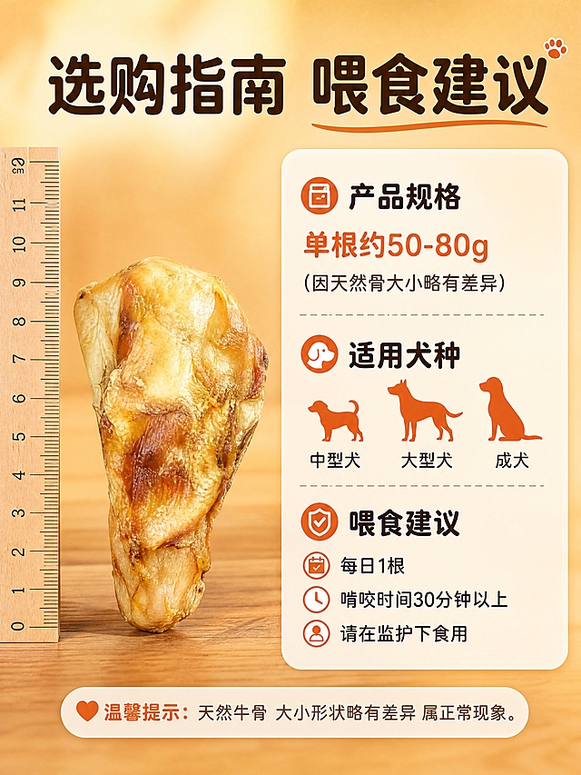 [商品] 使用【图1】宠物牛膝盖骨磨牙棒；保留牛膝盖骨外形、浅黄带深棕烤色、带肉带筋纹理；产品放在规格表旁做展示，不改变结构和颜色。
[画面] 目标：规格与喂食建议，帮助用户选购。左图右表构图，左侧40%放置产品主体（单根牛膝盖骨磨牙棒立放在标尺旁，体现尺寸感），右侧60%为规格信息表。表格分三部分：产品规格、适用犬种、喂食建议。背景是暖橙棕浅渐变，表格用米白色圆角卡片承载，线条简洁。
[视觉] 套系策略：风格=抖音电商高清实拍食欲风；标题字=圆润粗体 饱满亲和；正文字=简洁圆体 清晰易读；主色=暖橙棕；背景延展=基于暖橙棕做深浅渐变、同色层级和细腻木纹/纸质质感；强调色=橙红色，仅用于小面积图标、引线和标签；标题色=深棕色；正文色=中暖棕色；组件=圆角米白信息卡、细线引线、橙红标签；光影=左前侧暖柔光 产品清晰立体。
[文字] 顶部主标题"选购指南 喂食建议"。规格表内文字：产品规格-单根约50-80g（因天然骨大小略有差异）；适用犬种-中型犬 大型犬 成犬；喂食建议-每日1根 啃咬时间30分钟以上 请在监护下食用。表格旁有温馨提示：天然牛骨 大小形状略有差异 属正常现象。所有文字横排，表格清晰，手机端可读。
[规格] 比例3:4竖版，4K，避免变形、错字、文字过小、冷蓝/蓝灰背景、虚假参数、医疗功效承诺。
