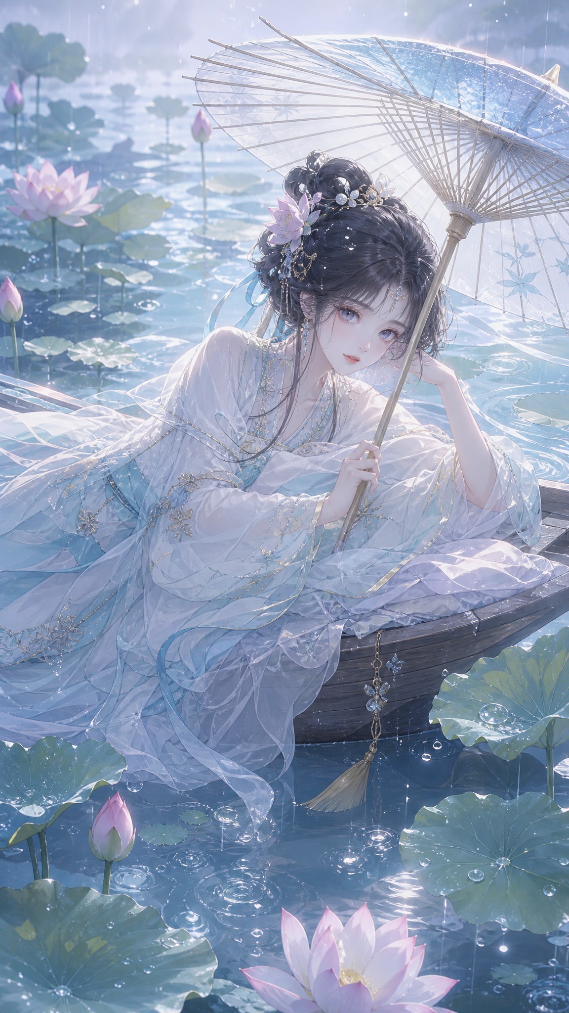 古风二次元插画，一位温婉少女卧在漂浮于荷塘的小木船中，乌黑繁复… - 图片创意预览