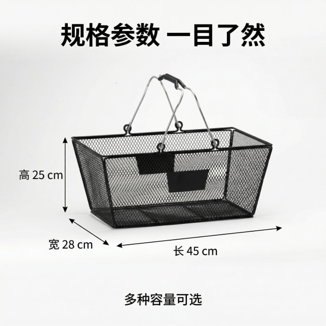 [主图 5] 金属购物篮尺寸规格展示
[氛围/风格] 简约工业风，清晰直观，专业规范。
[画面元素] 保持原产品外观完全不变，购物篮正面放置，白底背景，用清晰引线标注长宽高尺寸参数，产品居中展示，保留预览效果