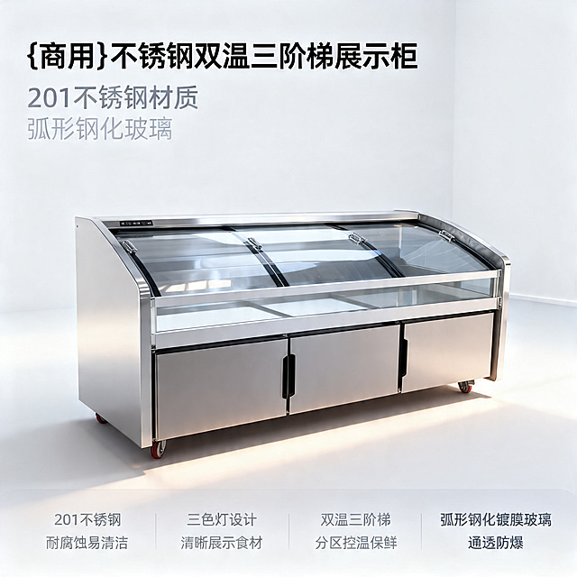 [主图 1] 不锈钢双温三阶梯展示柜商家首图。[氛围风格] 专业商用电商风格，突出产品品质感。[画质] 商业摄影质感、光线柔和通透、产品清晰真实、画面干净高级。[元素] 不锈钢双温三阶梯展示柜居中摆放，产品完整展示不裁切；干净简洁的浅灰色展厅背景，产品主体占比约70%；保持产品外观（物理结构、材质质感、颜色）与输入产品图绝对一致，杜绝任何变形和色差，精细化处理。商品主体占比严格控制在60%-80%之间，画面满屏无边框。[光影] 正面柔光为主光，均匀打亮产品，侧面辅助光勾勒不锈钢轮廓，背景简洁明亮，高光不溢出，暗部有层次。[配色] 主色调为不锈钢银灰色，背景浅灰色，突出产品本身。[视角构图] 平视四分之三视角，景深适中，产品为绝对视觉中心。[文字版式] 左上负空间左对齐留安全边距，主标题 "{商用}不锈钢双温三阶梯展示柜" 黑色最大号粗体无衬线；副标题 "201不锈钢材质 弧形钢化玻璃" 约半高、同色略浅。底部通栏半透明渐变蒙层分四列，列内上标题下说明左对齐：列一「201不锈钢」「耐腐蚀易清洁」列二「三色灯设计」「清晰展示食材」列三「双温三阶梯」「分区控温保鲜」列四「弧形钢化镀膜玻璃」「通透防爆」；列标题同字号、说明同字号，标题重于说明，深灰文字与浅底强反差，现代无衬线。[比例分辨率] 1:1 比例，2k分辨率；文字清晰锐利，画面超高清。[负向提示词] 变形，水印，文字错乱，产品图模糊，背景杂乱，遮挡主体，牛皮癣广告，配色刺眼。
