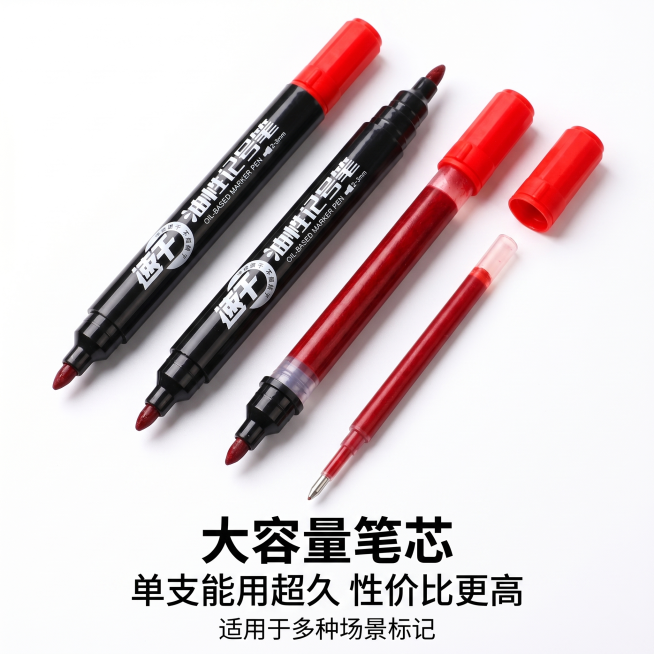 [主图-5] 油性记号笔大容量芯规格展示图
[氛围风格] 突出性价比，直观展示大容量
[画质] 商业摄影质感，光线柔和通透，产品清晰真实，画面干净高级
[元素] 保持油性记号笔外观（物理结构、材质质感预览效果