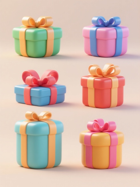 3D风格的六个不同配色、不同样式和不同材质的礼盒造型，采用上下两行对齐排列，每个礼盒都有精致的丝带蝴蝶结装饰，整体呈现出圆润光滑的3D质感，色彩明快鲜亮，带有柔和的高光和自然的阴影效果，浅色背景衬托出礼盒的立体感，整体画面充满节日的欢快氛围，构图均衡，视觉层次清晰。预览效果