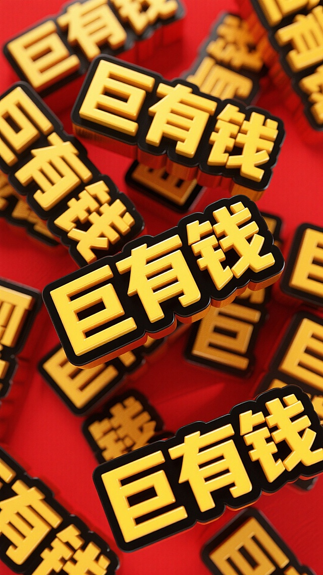 3D立体鎏金大字“巨有钱”浮雕式排列，红底金字喜庆热烈，视觉冲击力强，节日氛围浓厚。
