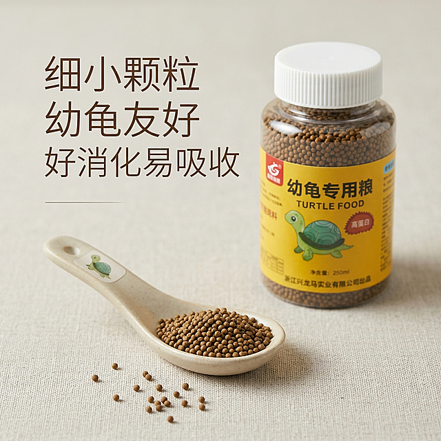生成第二张幼龟专用粮主图，展示核心卖点，保持舒适简约家居治愈风，特写展示小颗粒饲料，突出颗粒细小适合幼龟进食，浅米灰色背景柔和自然光，文案标注“细小颗粒 幼龟友好 好消化易吸收”，排版简约不遮挡主体，保持风格统一。