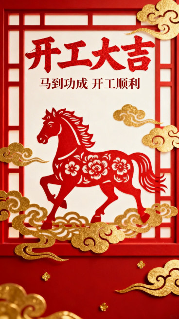 马年开工大吉喜庆海报，剪纸风格，红色骏马剪纸搭配金色祥云纹样，背景是红色窗格，上方是“开工大吉”剪纸字体，下方写“马到功成 开工顺利”，充满传统年俗氛围预览效果