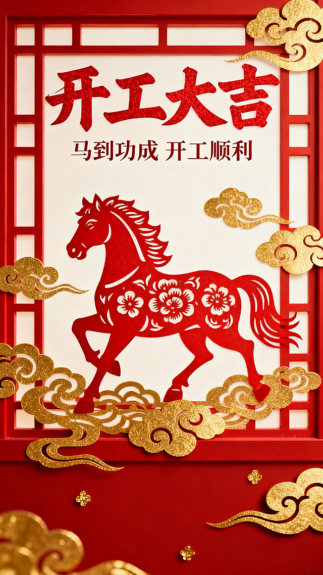 剪纸风马踏祥云，红金配色尽显喜庆与国潮韵味，中式窗格框景，大字风祝福“开工大吉”，皮影式轮廓勾勒民族美感。