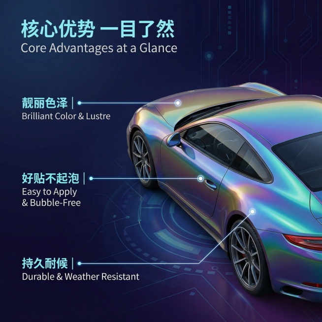[主图主题] 汽车车身改色膜核心卖点展示
[氛围/风格] 科技感，与众不同
[画面元素] 主图展示改色膜成品效果，右侧是整车改色后的时尚汽车，左侧用引线标注产品核心卖点，极细的科技感引线连接改色膜表面预览效果