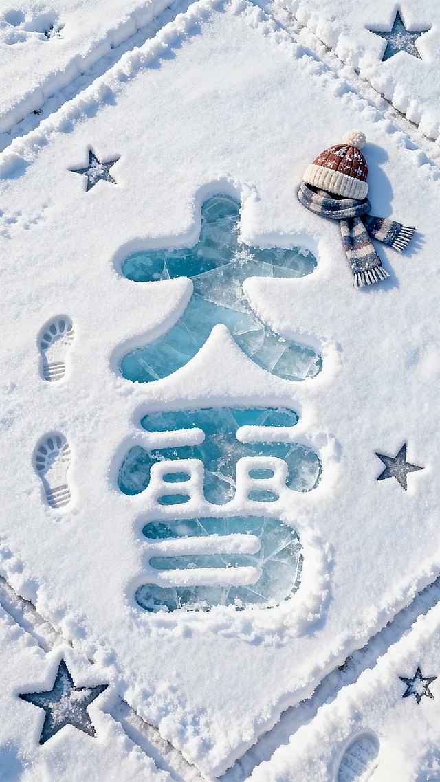 俯视视角，画面主视觉是雪地中的 “大雪”文字（字体圆润可爱），文字部分像被踩踏，露出淡蓝色冰面。雪质细腻带自然纹理，装饰帽子、围巾、足迹，搭配雪堆成的几何线条、星星元素作为边框。