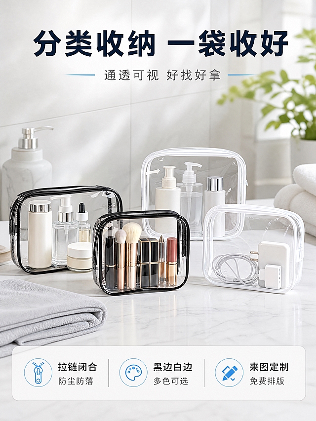 [商品] 使用产品图（PVC透明拉链袋）。保留长方形袋身、顶部拉链闭合、黑色与白色拉链布边、通透无色PVC材质、车缝包边与立体袋身结构，颜色、比例、结构与输入产品图完全一致；不虚构提手、挂钩、内部分隔、图案或数字标签。
[画面] 页面目标=首屏结果海报，让买家一眼看到收纳后的整洁结果；结果场景型构图，明亮浴室台面满铺场景，四只不同规格的透明拉链袋前后错落陈列，袋内已分类装好洗漱瓶罐、化妆刷、口红与数据线，物品在袋内整齐不拥挤；产品占画面约70%，前景为台面与折叠毛巾，中景为产品主体，后景为虚化的浅灰墙砖与绿植；底部一条浅灰白信息条承载文案；阅读动线自上而下。
[视觉] 套系策略：风格=清爽明亮的家居收纳商业摄影感（1688源头厂家实拍质感）；标题字=无衬线粗黑体；正文字=无衬线体中黑；主色=浅灰白；背景延展=基于浅灰白与暖白做深浅层级、同色渐变与细腻哑光纸/织物质感，本页背景为浅灰白到暖白渐变、台面为细腻哑光石材；强调色=清透蓝，仅用于小面积图标、引线与标签；标题色=深墨蓝；正文色=中灰；组件=极简细线蓝描边圆角小卡片与细线引线；光影=柔和窗侧自然光，商业摄影级高光与接触阴影。
[文字] 顶部留白区放主标题“分类收纳 一袋收好”，其下副标题“通透可视 好找好拿”；底部信息条横向并列三项短卖点“拉链闭合 防尘防落”“黑边白边 多色可选”“来图定制 免费排版”；全部横向排版，不竖排不旋转，不遮挡产品，字号按手机端可读设置，不含逗号与绝对化用语。
[规格] 图片比例3:4竖版，4K；负向：变形、错字、模糊、杂乱、水印、平台Logo、多余手指、畸形手、白底残留、悬浮、竖排文字、极限词。