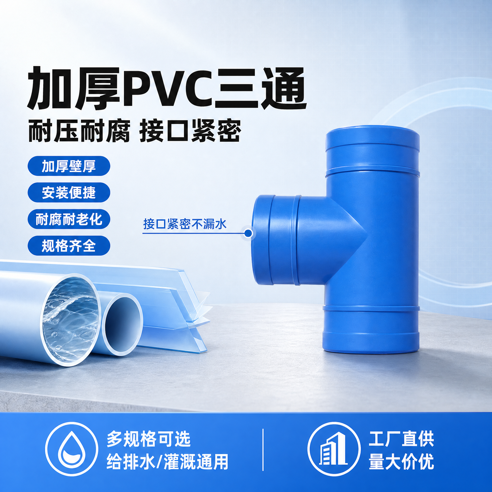 [单张主图] PVC蓝色正三通管件 爆款促销感规格卖点首图 淘… - 图片创意预览