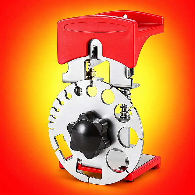 product main image for e-commerce, stainless steel wire stripper tool, bright red and yellow gradient background, product in center-right, front view, red top cover, stainless steel body, circular adjustment dial, steel blade, commercial photography, bright lighting, metal highlights, matte plastic texture, clean and vibrant, 1:1 square ratio, product clear, no watermark, no text