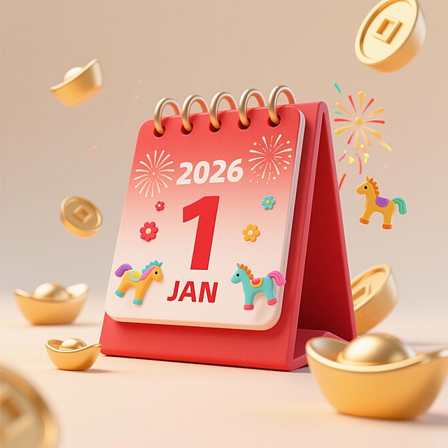 红色立式台历，三行文字“2026 1 JAN”，台历上点缀烟花图案、小花装饰和彩色小马，周围点缀金色元宝，暖米色背景