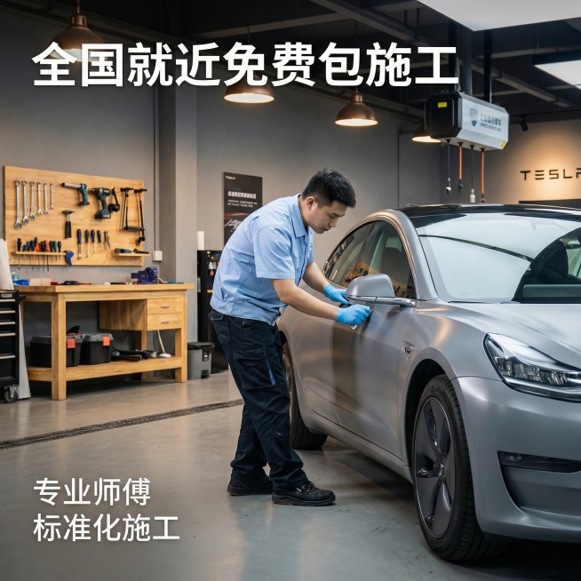 [主图 4] 
[主图主题] 全国施工服务体验展示
[氛围/风格] 场景生活化，专业服务氛围
[画面元素] 中心展示汽车美容店师傅专业施工场景，师傅佩戴干净手套正在为特斯拉车门贴改色膜，店内工具摆放整预览效果