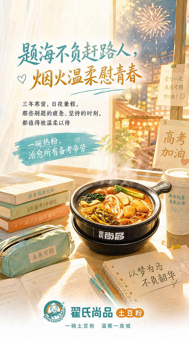 将碗里的土豆粉替换成参考图片的黑色砂锅翟氏尚品土豆粉，保持整体画面布局、文案、其他元素和暖色调治愈风格不变，融合协调不突兀
