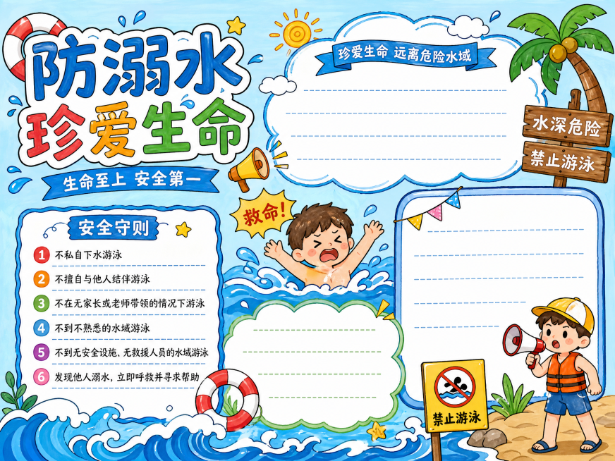 防溺水主题手抄报，马克笔手绘，A4横版，布局分为安全守则板块，搭配浪花和警示牌卡通插画，浅蓝背景清新风格，预留文字区域预览效果