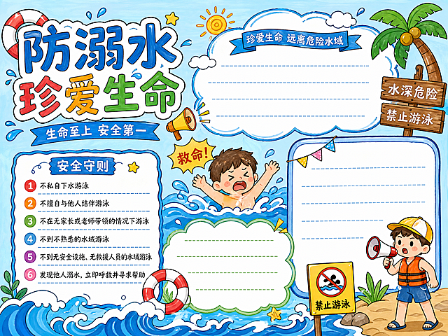 防溺水主题手抄报，马克笔手绘，A4横版，布局分为安全守则板块，搭配浪花和警示牌卡通插画，浅蓝背景清新风格，预留文字区域