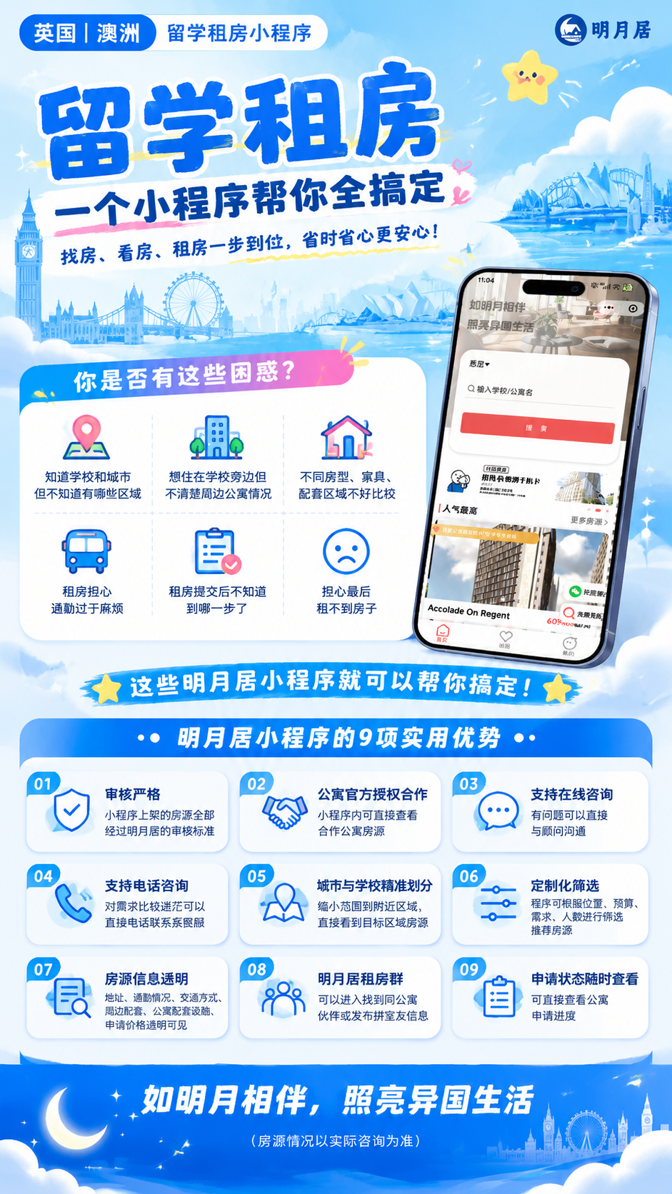 重新设计一张留学租房小程序海报，竖版9:16，蓝色系配色，活泼… - 图片创意预览